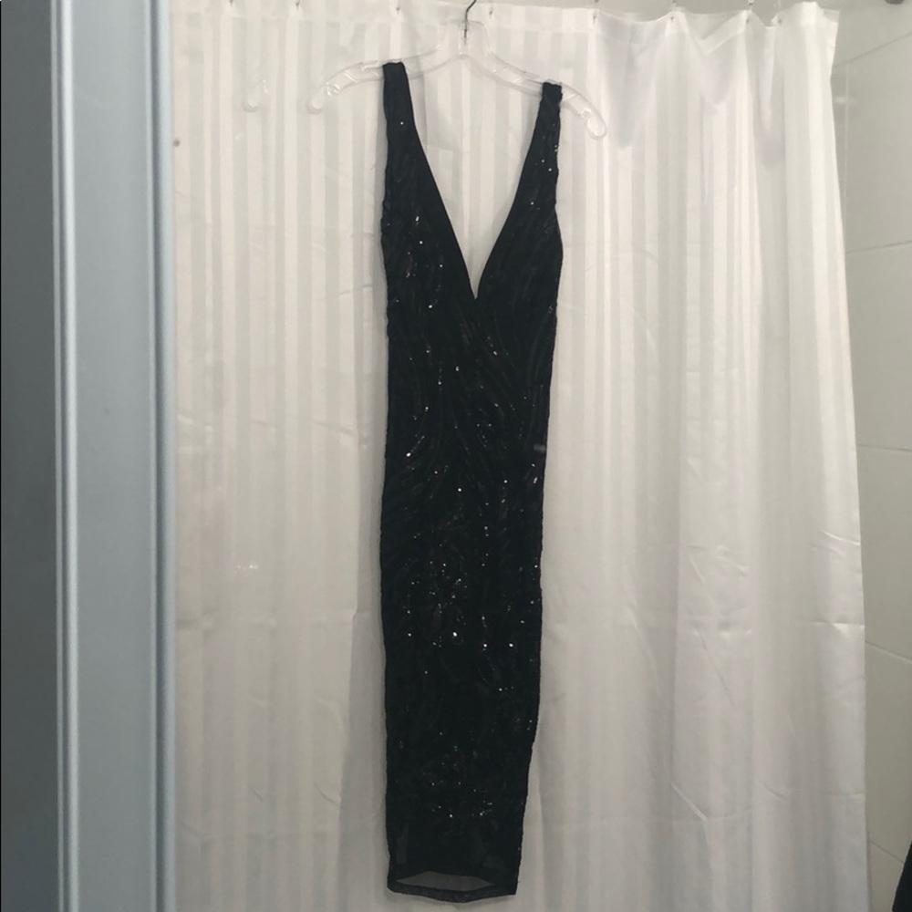 Black plunge sparkling midi dress